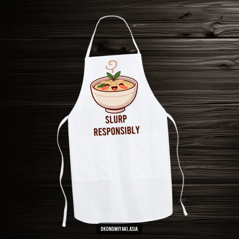 Funny Apron with a smiling, stylized ramen bowl character and gentle steam, adding a cheerful vibe to cooking.