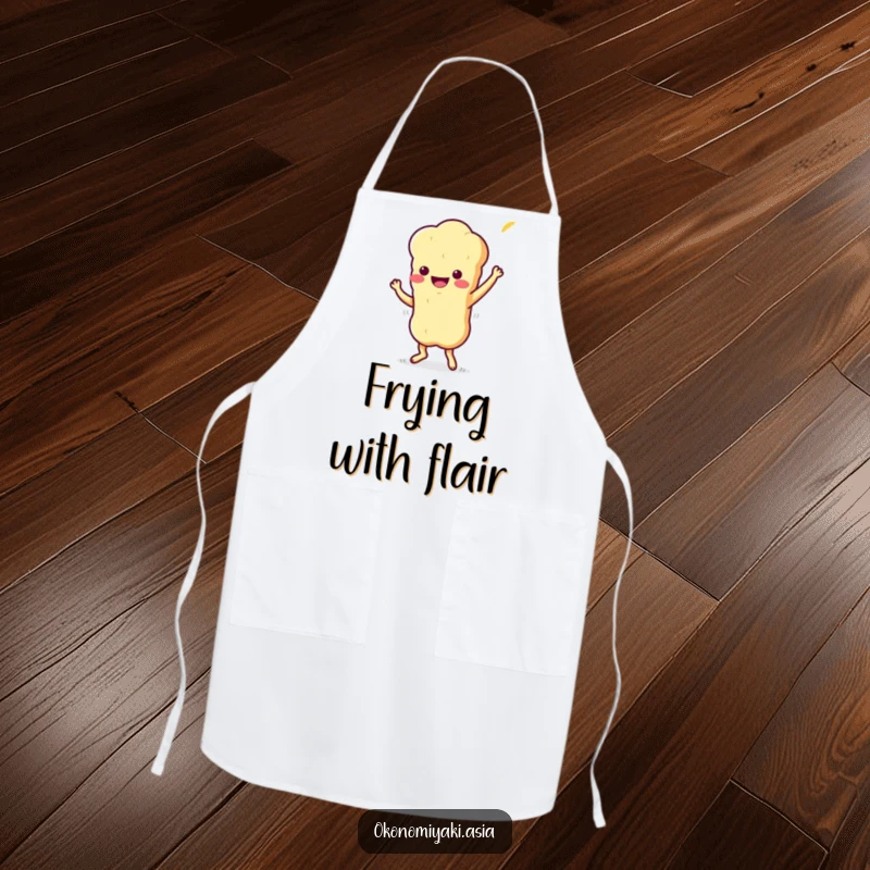 Funny Apron with a stylized, wiggling tempura character doing a playful jig, perfect for kitchen fun and flair.