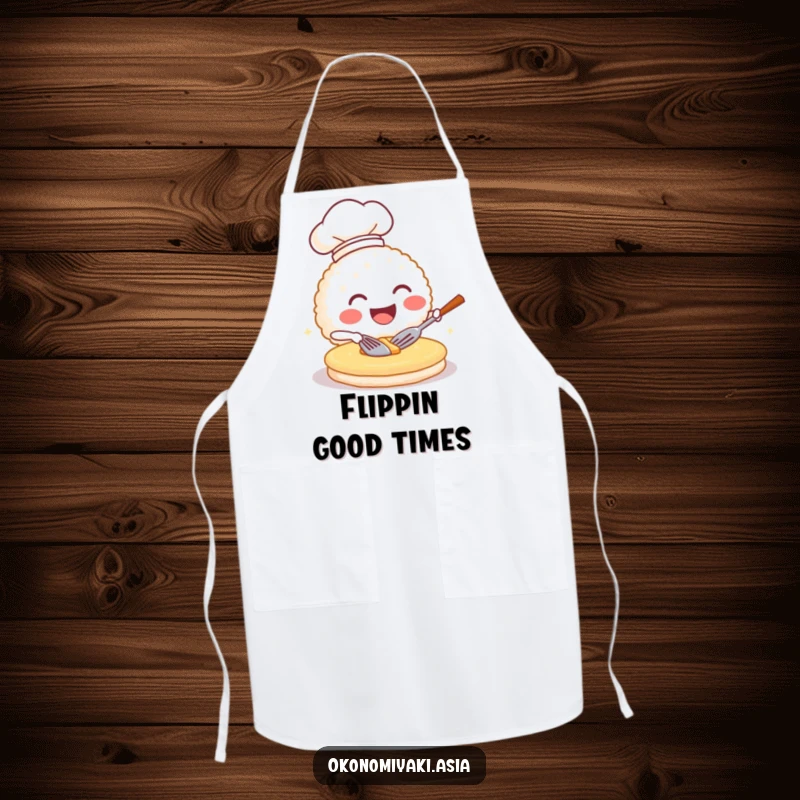 Funny apron with a grinning rice ball chef flipping a pancake, ideal for humorous cooking sessions.