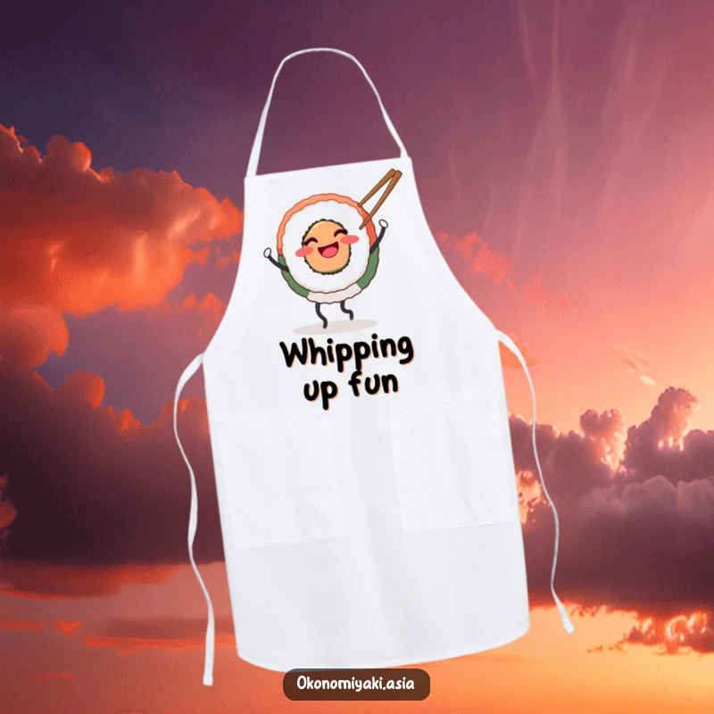 Funny Apron of a smiling round sushi with legs happily dancing with chopsticks, ideal for fun and festive cooking.