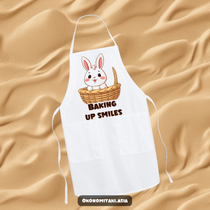 Funny Apron with a happy, anthropomorphic bao bun character peeking out from a woven basket, perfect for kitchen fun.