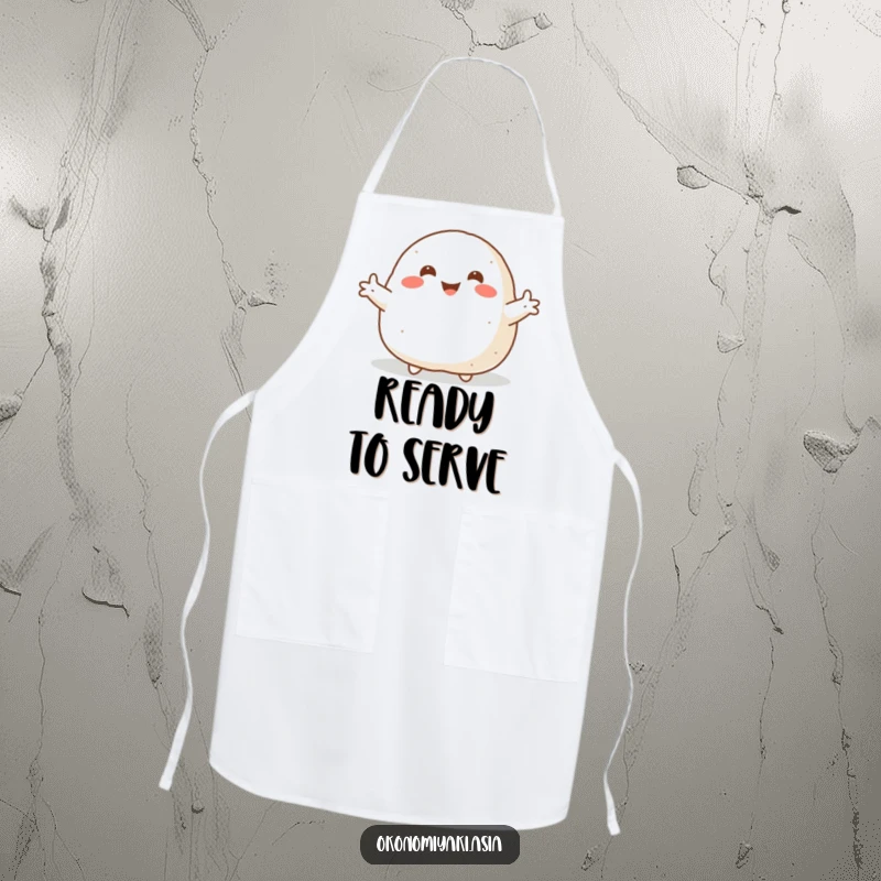 Funny Apron of a smiling, plump onigiri with arms flung wide, ideal for cooking with a welcoming and cheerful spirit.