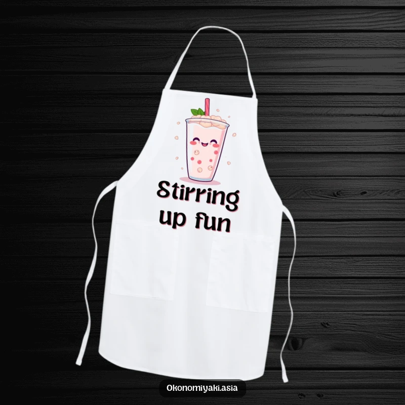 Funny Boba Pearl Apron showing abstract, smiling boba pearls dancing in a drink, ideal for a fun cooking experience.
