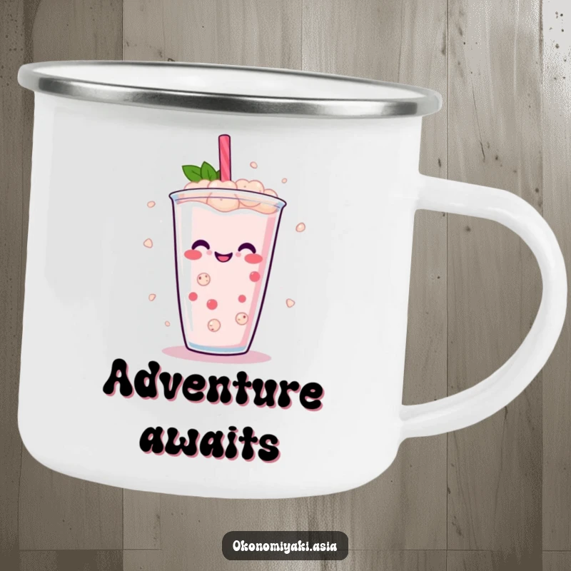Funny Boba Pearl Camping Mug with abstract, smiling boba pearls dancing in a drink, perfect for outdoor enjoyment.