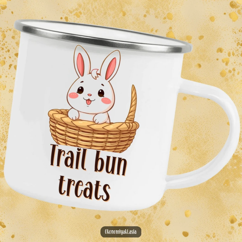 Funny Camping Mug with a happy, anthropomorphic bao bun character peeking out from a woven basket, for outdoor fun.