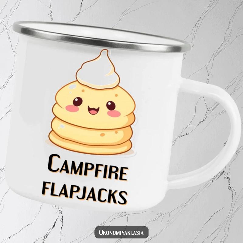 Funny Pancake Character Camping Mug with a cheerful, anthropomorphic pancake and cream, ready for outdoor breakfast enjoyment.