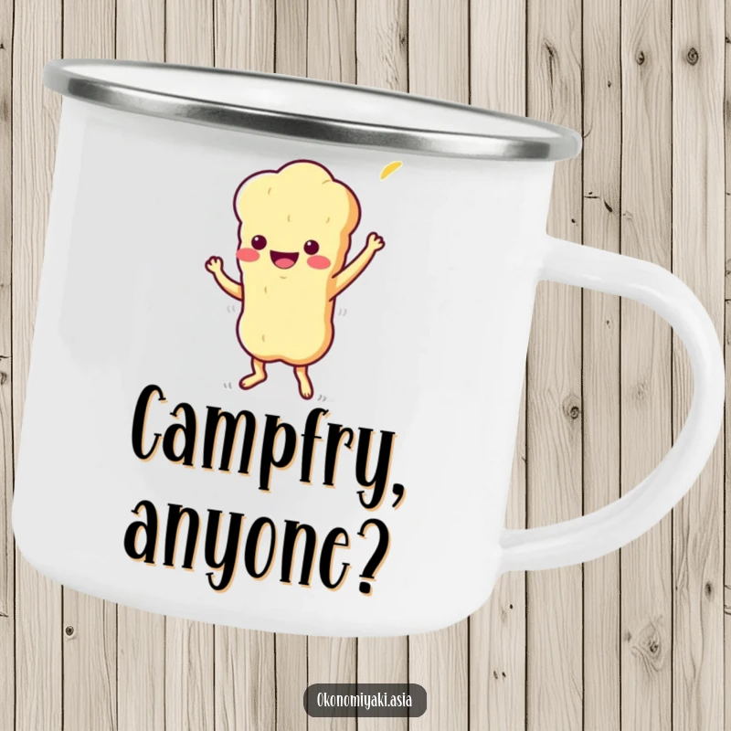Funny Camping Mug with a stylized, wiggling tempura character doing a playful jig, for outdoor fun and food lovers.