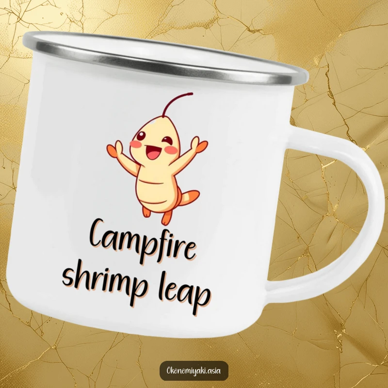 Funny Camping Mug of a cheerful tempura shrimp jumping with excitement, perfect for outdoor foodie fun.