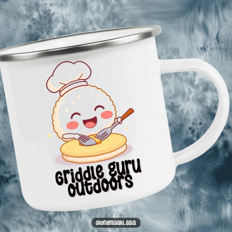 Funny camping mug featuring a rice ball chef flipping a pancake, designed for adventurous humor and durability.
