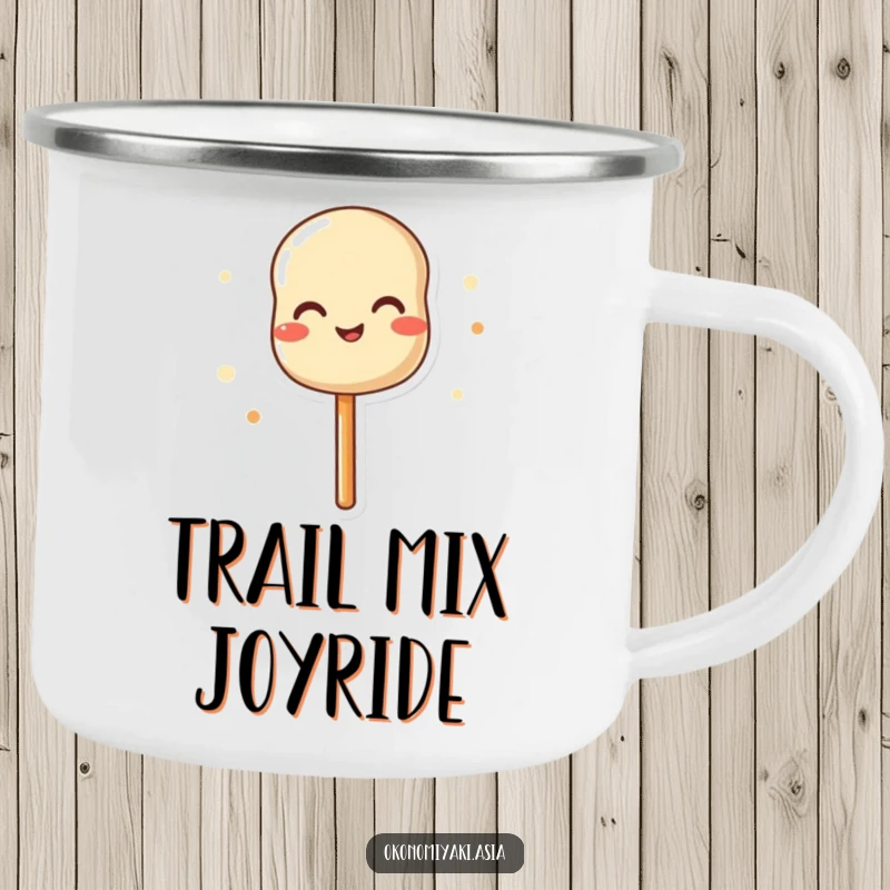 Funny camping mug featuring a happy dango skewer wiggling joyfully, perfect for outdoor enthusiasts.