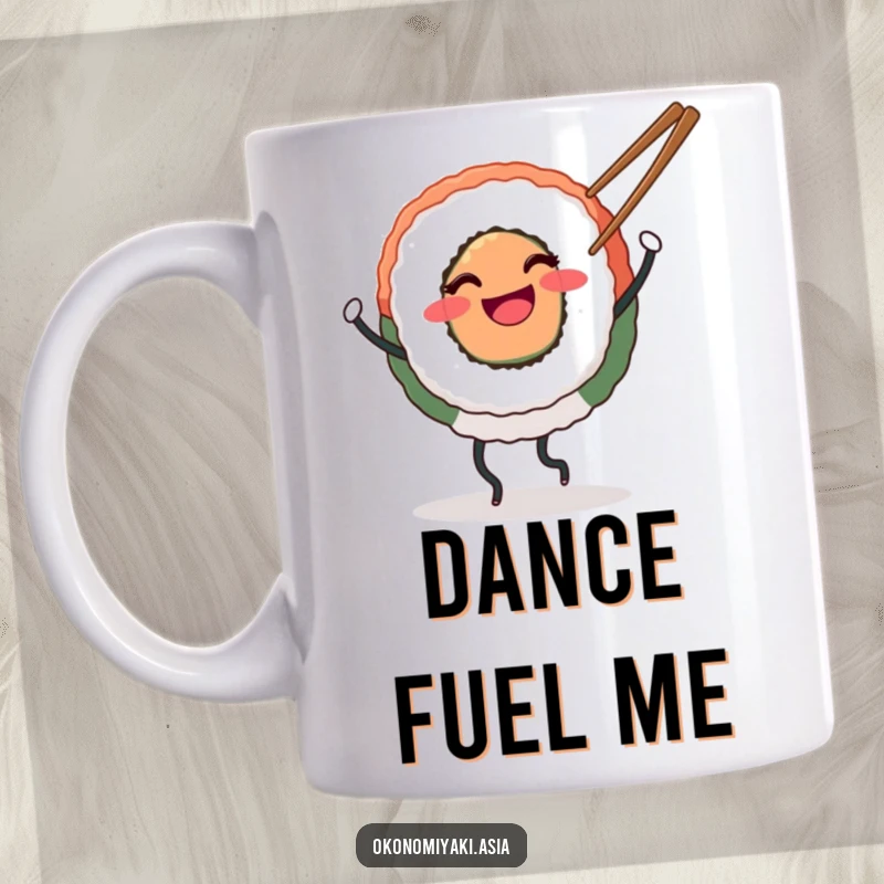 Funny Mug showing a smiling round sushi with legs happily dancing with chopsticks, celebrating delicious and fun food.