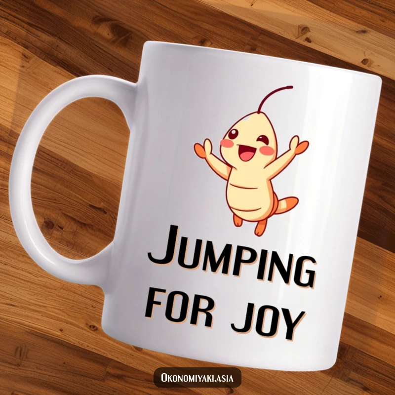 Funny Mug showing a cheerful tempura shrimp jumping with excitement, celebrating delicious food with energetic joy.