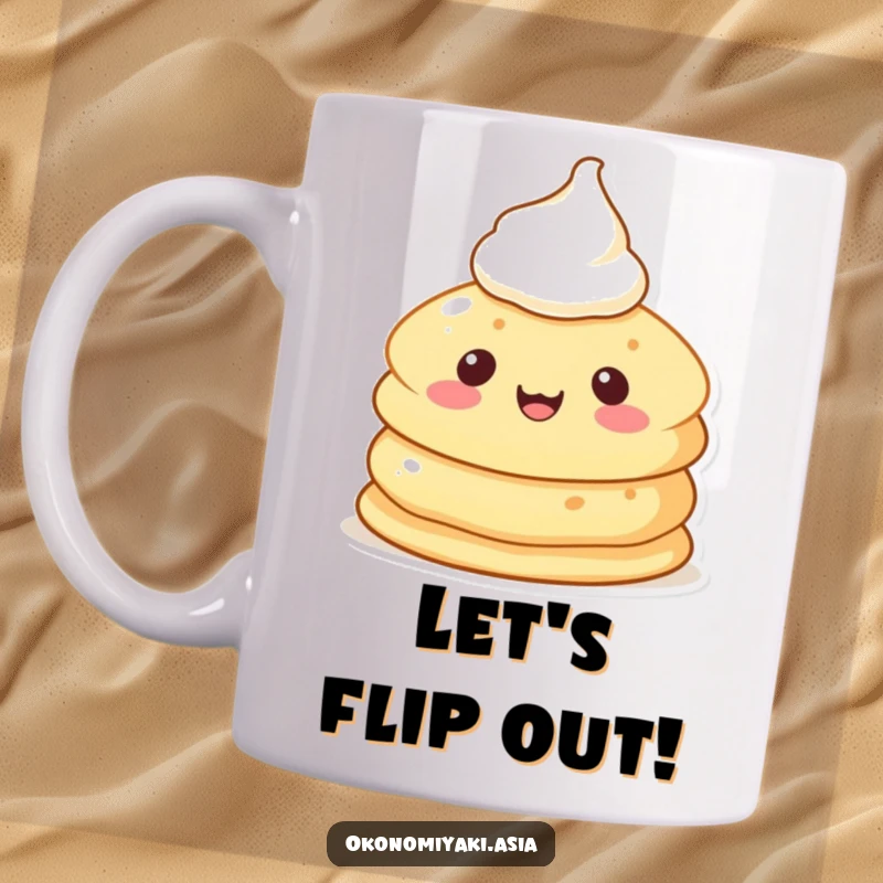 Funny Pancake Character Mug showing a cheerful, anthropomorphic pancake with cream, smiling adorably, ready for breakfast fun.