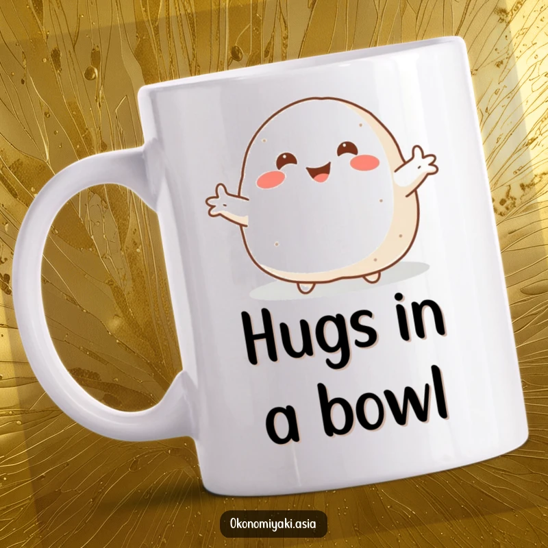 Funny Mug featuring a smiling, plump onigiri with arms flung wide, joyfully welcoming everyone with a hug.
