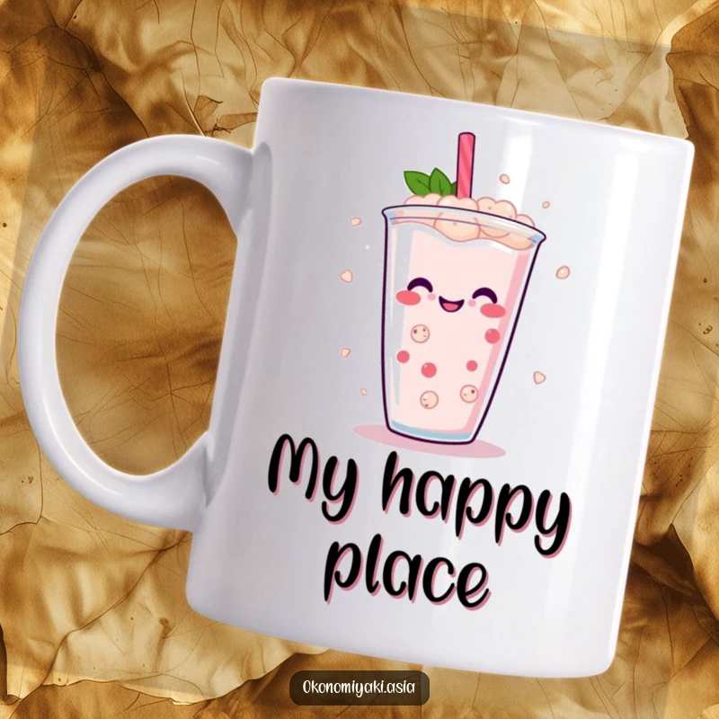 Funny Boba Pearl Mug showing abstract, smiling boba pearls joyfully dancing in a refreshing drink, perfect for boba fans.