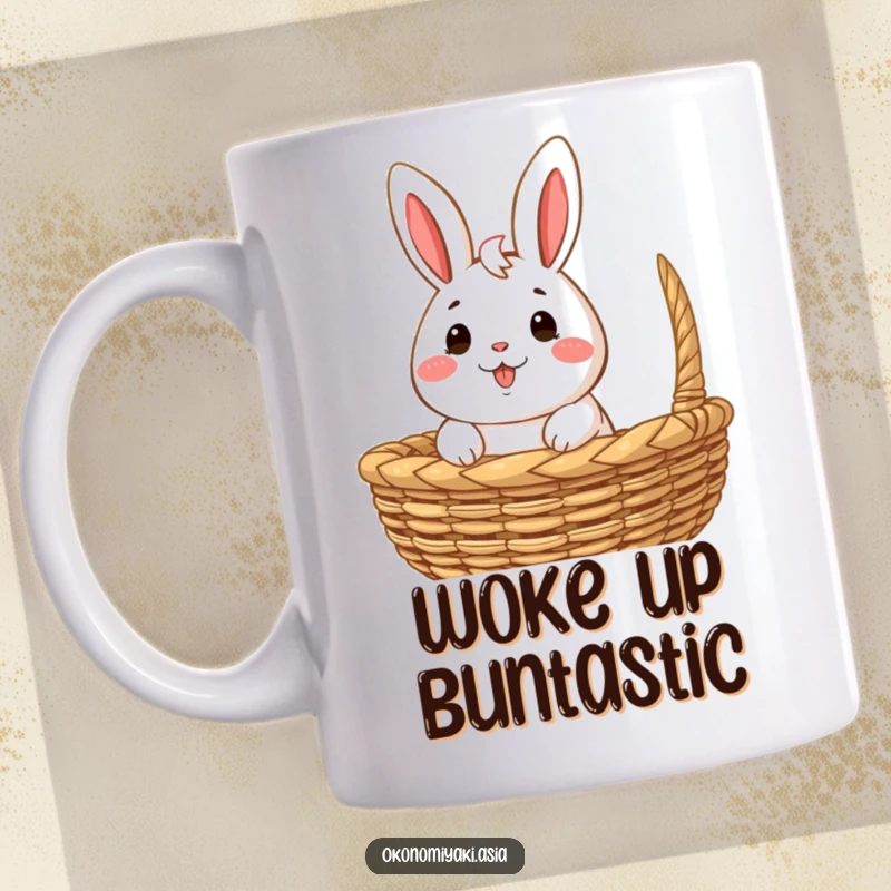Funny Mug featuring a happy, anthropomorphic bao bun character playfully peeking out from a woven basket.