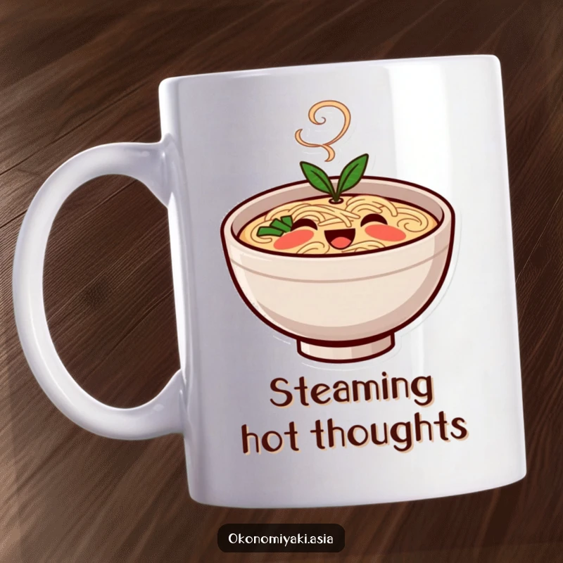 Funny Mug featuring a smiling, stylized ramen bowl character with gentle steam rising, exuding warmth and cheer.