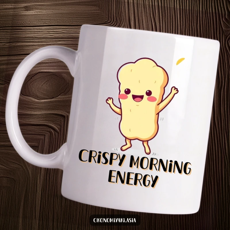 Funny Mug featuring a stylized, wiggling tempura character doing a playful jig, full of joy and energy.