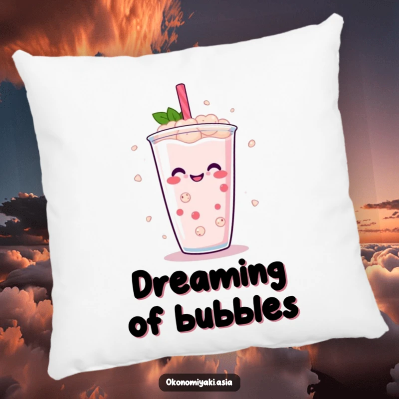 Funny Boba Pearl Pillow with abstract, smiling boba pearls dancing playfully in a drink, offering comfort and fun.