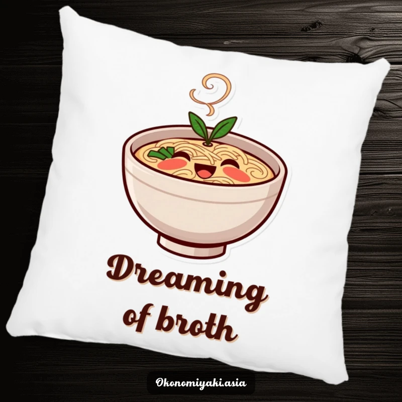 Funny Pillow featuring a smiling, stylized ramen bowl character with gentle steam, providing comfort and adorable decor.