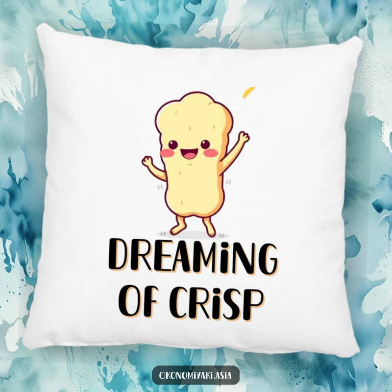 Funny Pillow featuring a stylized, wiggling tempura character doing a playful jig, offering comfort and quirky decor.
