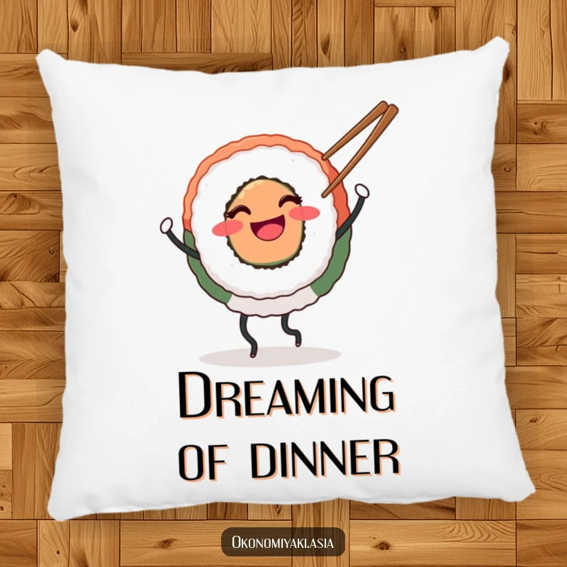 Funny Pillow showing a smiling round sushi with legs happily dancing with chopsticks, perfect for cozy foodie-themed comfort.
