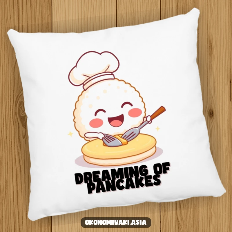 Funny pillow featuring a cute rice ball chef happily flipping a pancake, offering comfort and a chuckle.