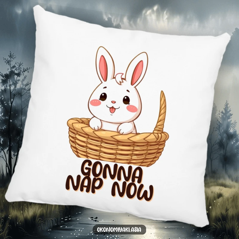 Funny Pillow featuring a happy, anthropomorphic bao bun character peeking out from a woven basket, offering comfort and charm.