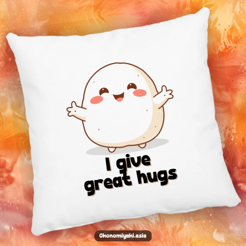 Funny Pillow showing a smiling, plump onigiri with arms flung wide, perfect for adding cozy and welcoming comfort.