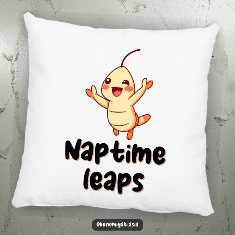Funny Pillow showing a cheerful tempura shrimp jumping with excitement, perfect for cozy foodie-themed comfort.