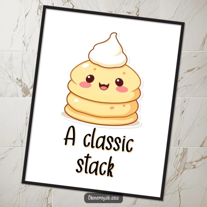 Funny Pancake Character Digital Art Print featuring a cheerful, anthropomorphic pancake with cream, ready to bring breakfast joy to walls.