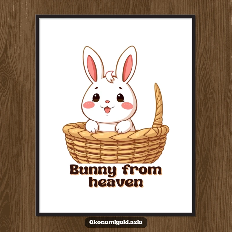 Funny Digital Art Print of a happy, anthropomorphic bao bun character peeking out from a woven basket, radiating cuteness.
