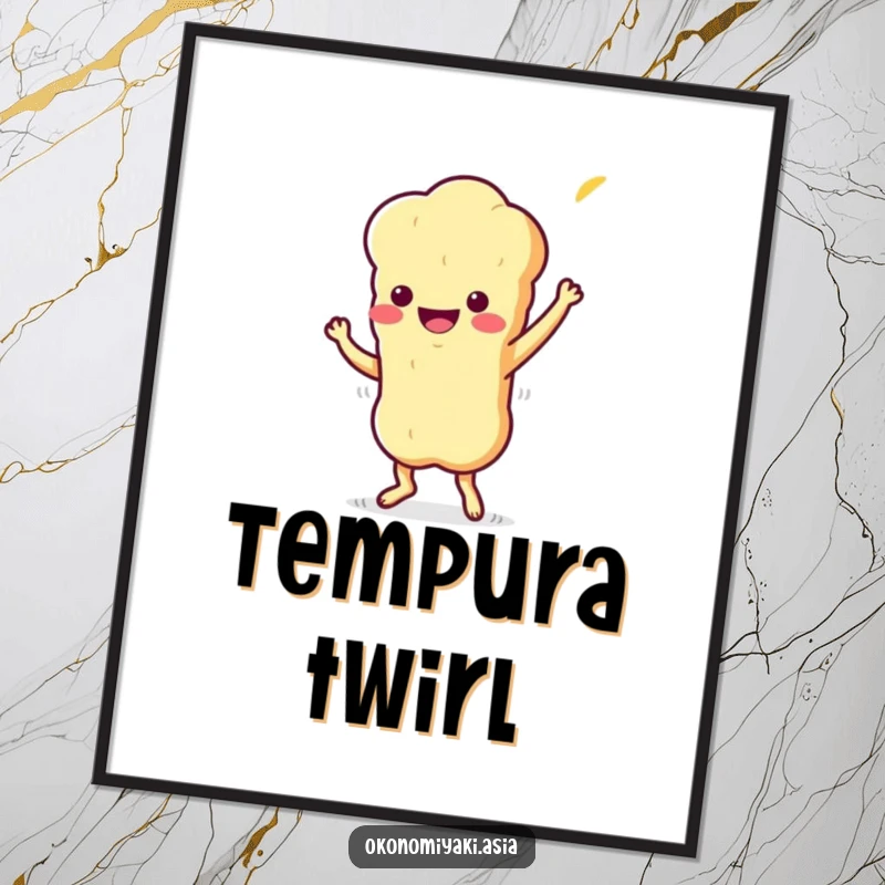Funny Digital Art Print of a stylized, wiggling tempura character doing a playful jig, radiating fun and energy.