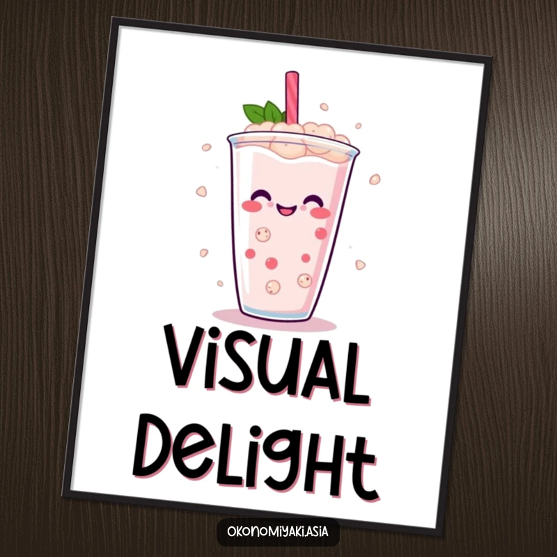 Funny Boba Pearl Digital Art Print featuring abstract, smiling boba pearls dancing energetically in a drink, perfect for instant wall decor.