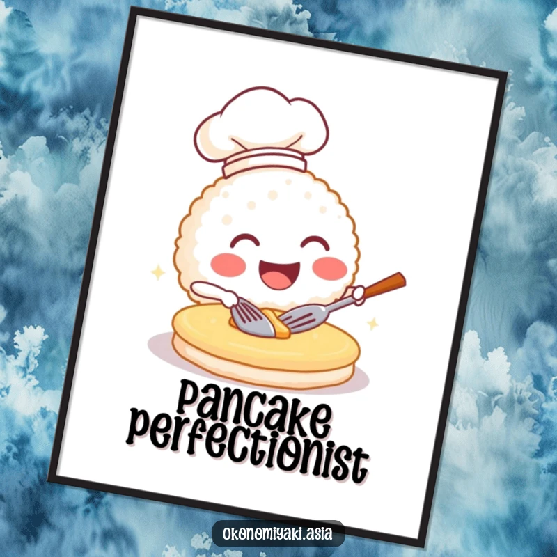 Funny chef rice ball digital art print, grinning and flipping a pancake, perfect for instant wall decor.