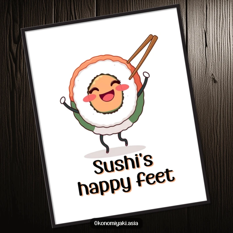 Funny Digital Art Print of a smiling round sushi with legs happily dancing with chopsticks, perfect for vibrant foodie wall decor.