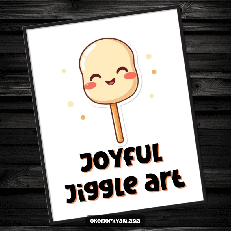 Funny digital art print of a dango skewer wiggling with pure joy, perfect for instant cheerful decor.