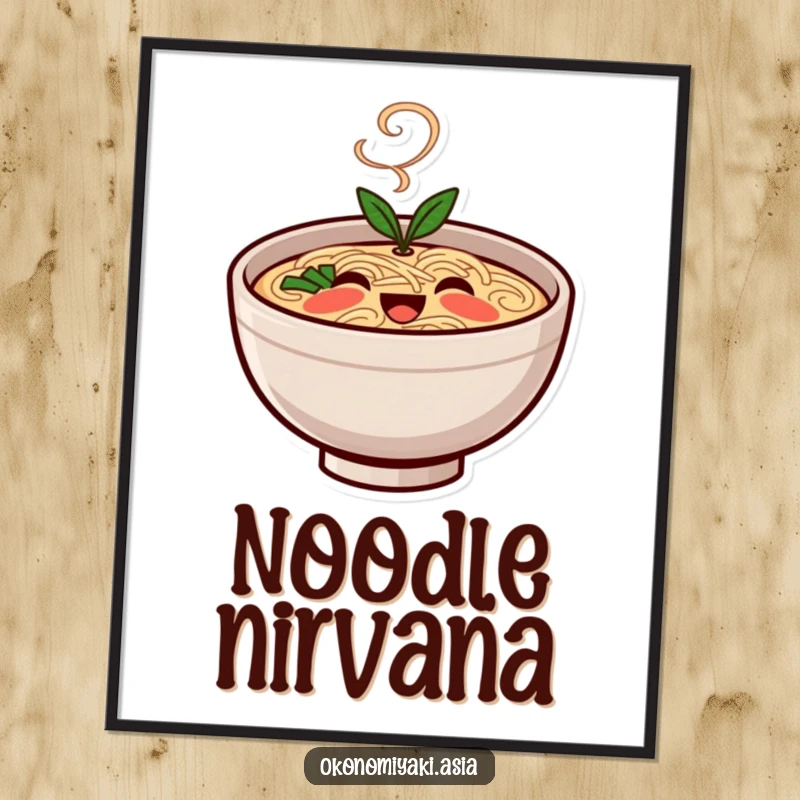 Funny Digital Art Print of a smiling, stylized ramen bowl character with gentle steam, exuding kawaii charm.