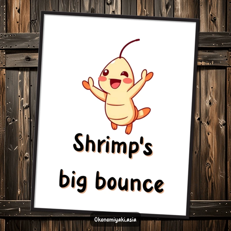 Funny Digital Art Print of a cheerful tempura shrimp jumping with excitement, perfect for vibrant foodie wall decor.