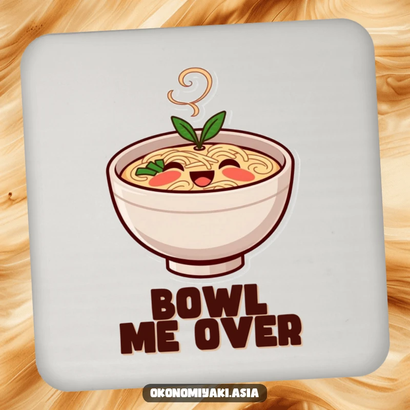 Funny Drink Coaster featuring a smiling, stylized ramen bowl character with steam, protecting surfaces with cuteness.