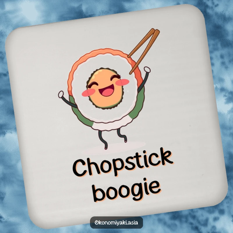 Funny Coaster Set of a smiling round sushi with legs happily dancing with chopsticks, perfect for protecting surfaces with fun.