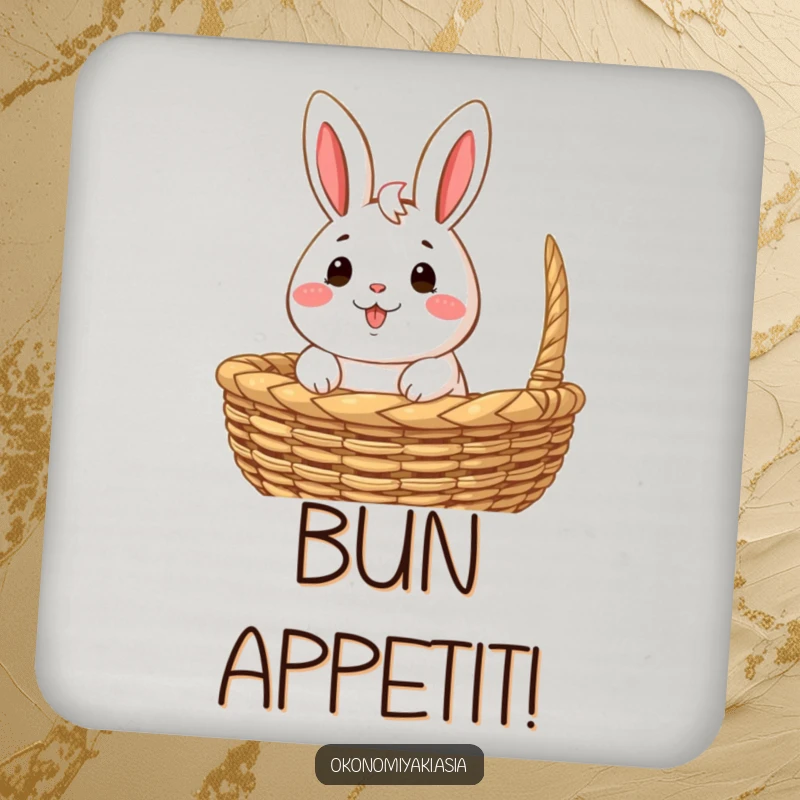 Funny Drink Coaster featuring a happy, anthropomorphic bao bun character peeking out from a woven basket, adding charm.