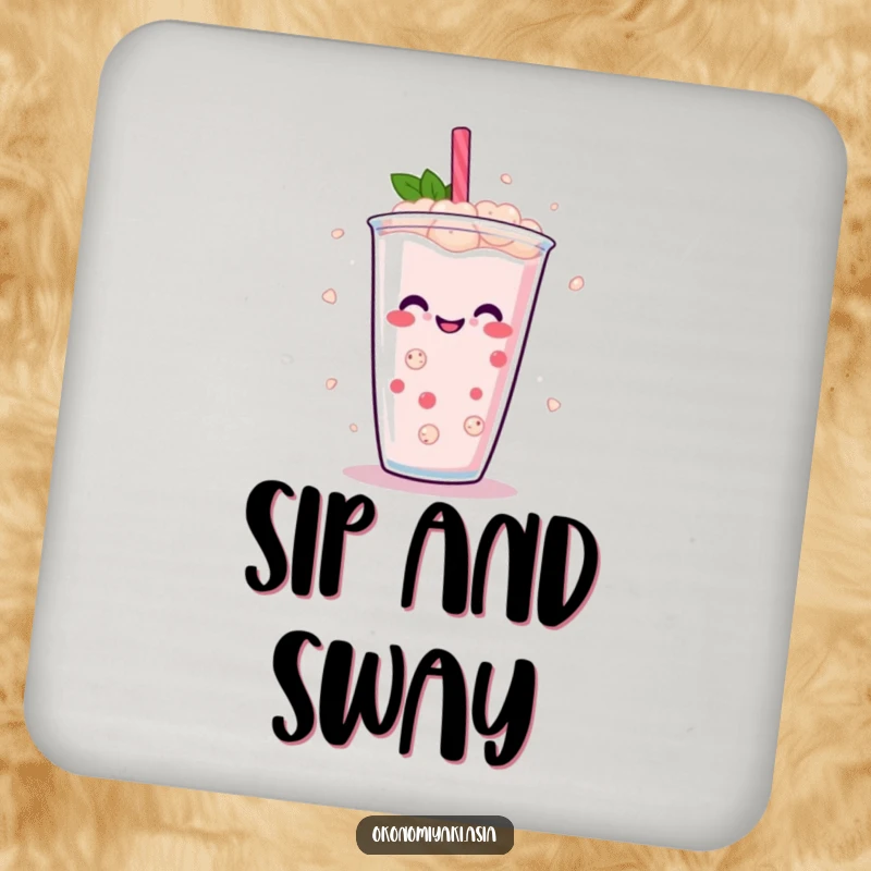 Funny Boba Pearl Coaster showing abstract, smiling boba pearls dancing in a drink, adding a touch of fun to tabletops.