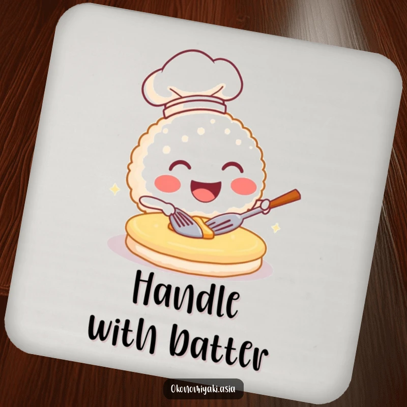 Funny drink coaster with a grinning rice ball chef flipping a pancake, protecting surfaces with a smile.