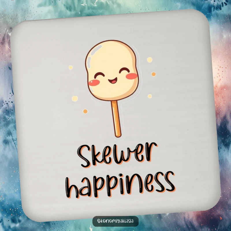 Funny drink coaster with a joyful dango skewer wiggling happily, protecting tables with sweetness.