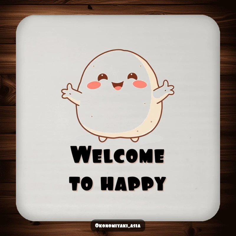 Funny Coaster Set of a smiling, plump onigiri with arms flung wide, perfect for protecting surfaces with friendly charm.