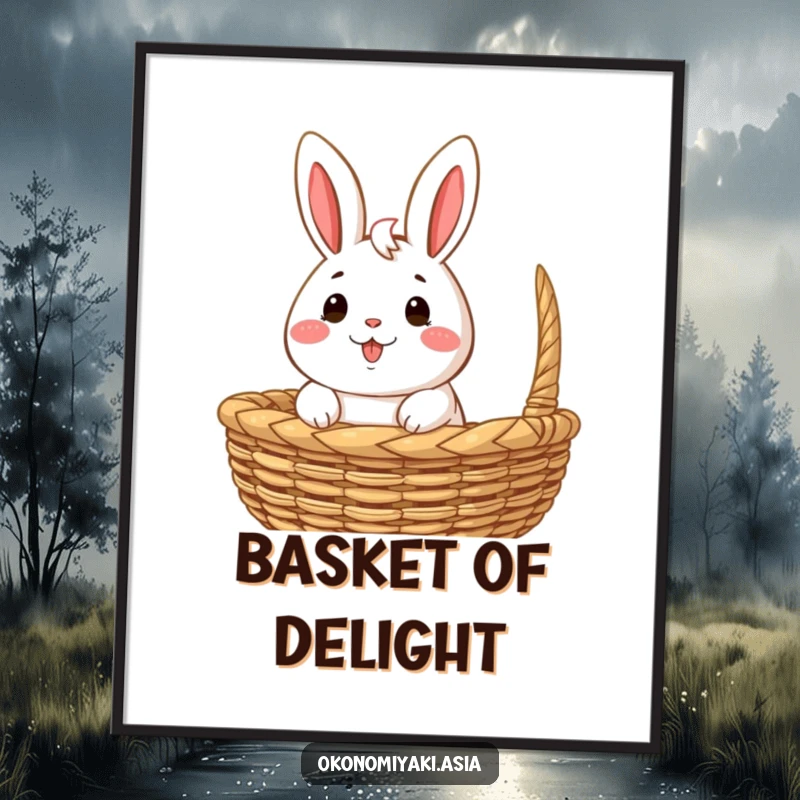 Funny Poster featuring a happy, anthropomorphic bao bun character peeking out from a woven basket, radiating joy.