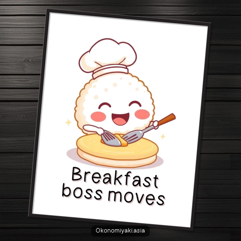 Funny poster of a chef rice ball grinning while flipping a pancake, bringing playful energy to wall decor.