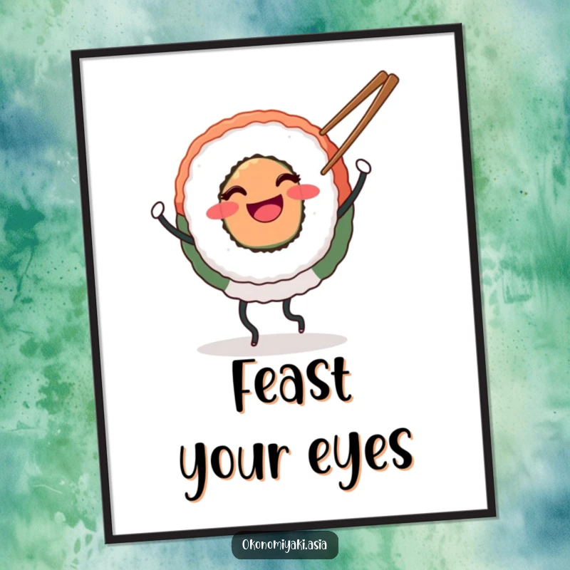 Funny Poster depicting a smiling round sushi with legs happily dancing with chopsticks, perfect for vibrant food-themed decor.