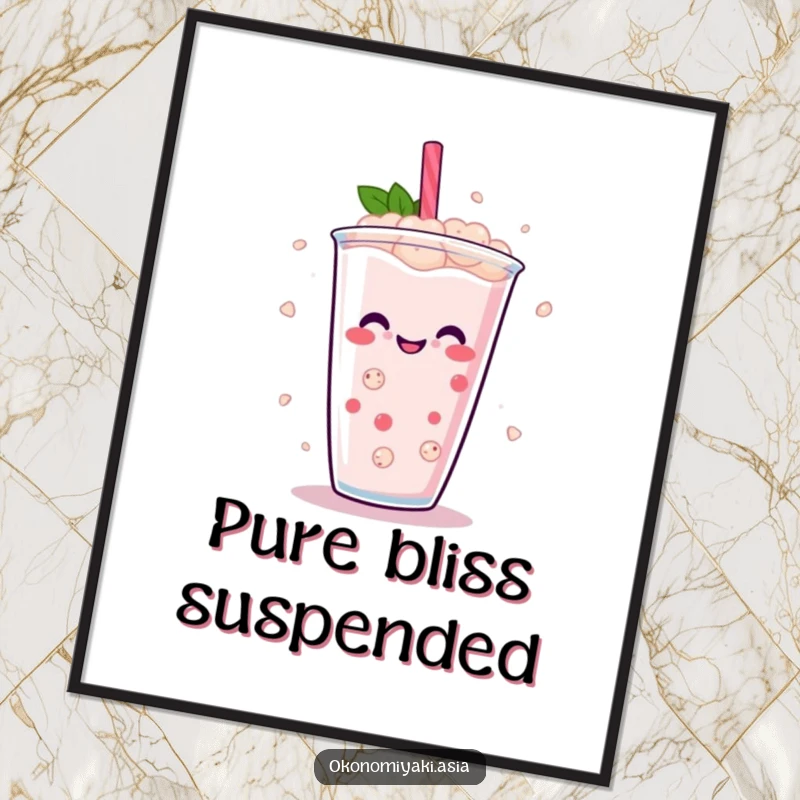 Funny Boba Pearl Poster featuring abstract, smiling boba pearls in a lively dance within a drink, adding a splash of fun.